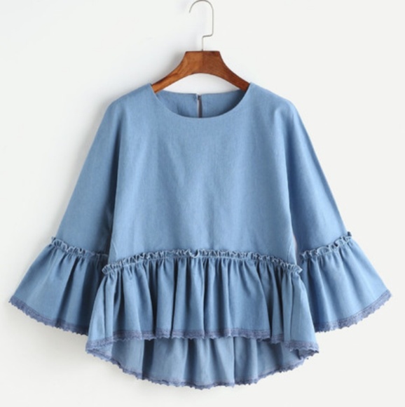 Tops - womens s faux demin blouse flowy feminine ruffles